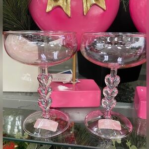 Gorgeous Pink Glass Heart Shaped Stem Coupe Champagne Glasses Set of 2 NEW